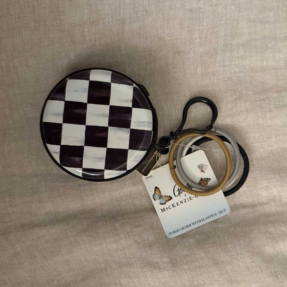 MacKenzie-Childs Black and White Checker Round Coin Pouch with Hair Tie Set